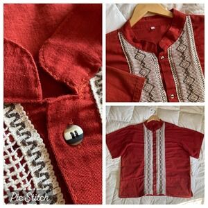 Guayabera Mexican Shirt Cotton Linen Mens 3X Brick Red Boho Embroidery Festival